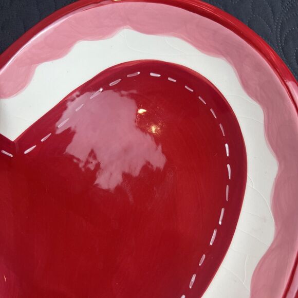 Valentine Red & Pink Large Double Hearts Ceramic Chip 'n Dip Tray Bowl 14" 2006 - Picture 5 of 7